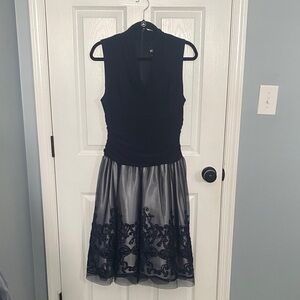 SLNY Navy and Silver Sleeveless Cocktail Dress with Embroidered Tulle Skirt
